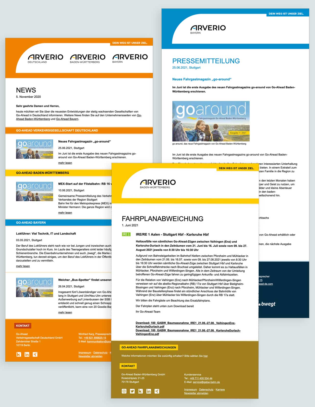Drei farbige Newsletter-Vorlagen von Arverio Deutschland.